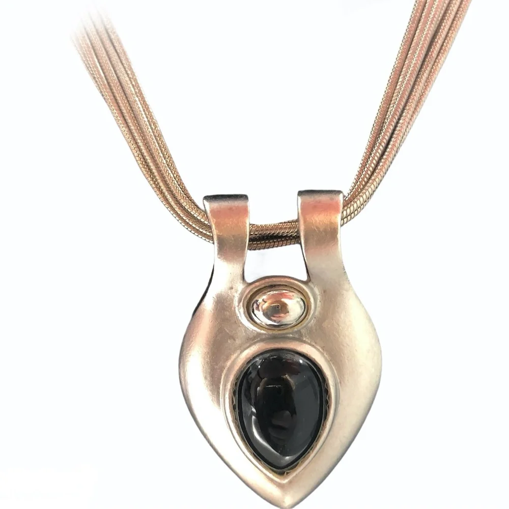 VINTAGE 6 CHAIN SILVER TONE NECKLACE WITH TEARDROP PENDANT WITH BLACK STONE